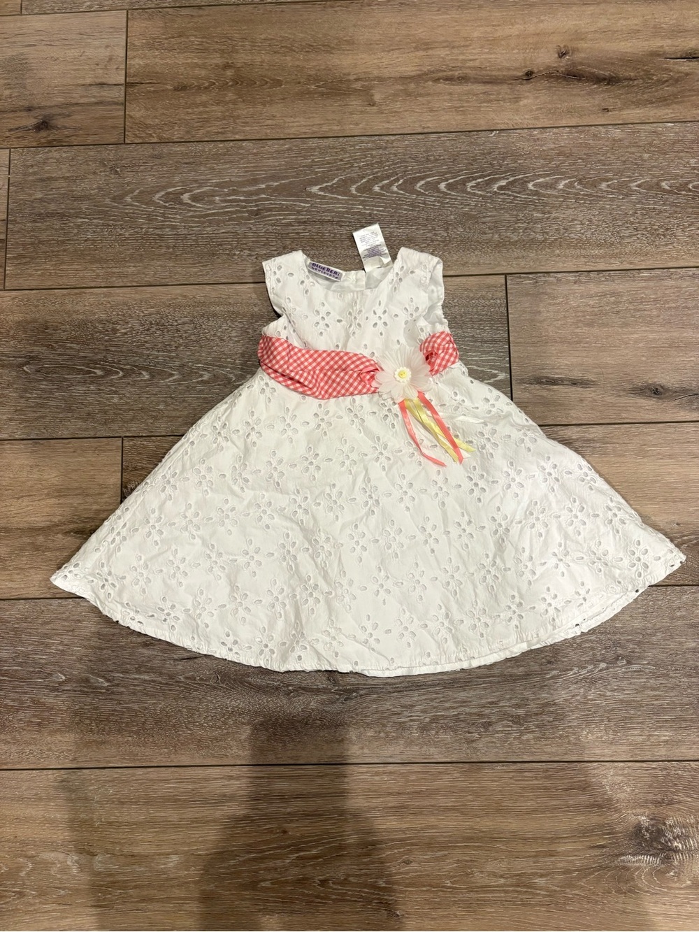 Blueberi Boulevard White Eyelet Girls' Dress with Pink Sash